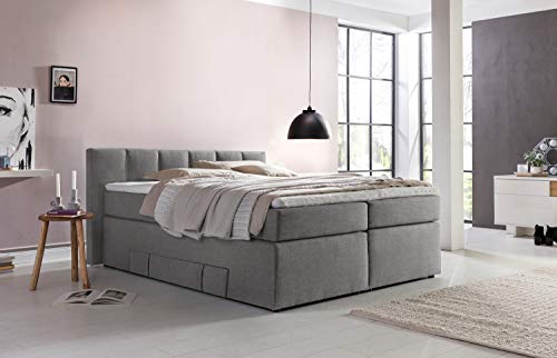 Möbelfreude Doluna Andybur Boxspringbett 200x200cm Hellgrau H2/H3 | 7-Zonen Taschenfederkern Matratze & Visko-Topper | 90 cm hohes Kopfteil ideal für Dachschrägen + Bettkasten für Stauraum von Furniture for Friends