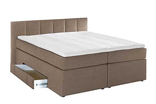 Möbelfreude Doluna Beatrice Boxspringbett 200 x 200 cm Beige H3 | 7-Zonen-Taschenfederkern Matratze + Visco-Topper | 90 cm Kopfteil ideal für Dachschrägen + Bettkasten für Stauraum von 3F FURNITURE FOR FRIENDS