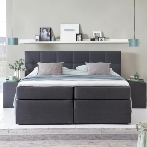 RAVENSBERGER Boxspringbett Bea, 140x200 cm - mit gestepptem Kopfteil - mit 7-Zonen Taschenfederkern Matratze, Härtegrad H3 - mit niedrigem Kopfteil - inkl. Visco Topper - Polsterbett in Anthrazit von 3F FURNITURE FOR FRIENDS