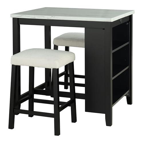 Furniture of America Clouden Übergangs-Esstisch-Set aus Bouclé, 91,4 cm, 3-teiliges Esstisch-Set mit Ablagen, USB-Ladeanschlüssen für Zuhause, Küche, Esszimmer, Schwarz, Weiß und Elfenbein von Furniture of America