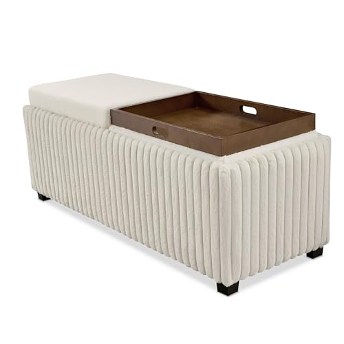 Furniture of America Cressida Moderne Chenille-Bank mit wendbarem Tablett, gepolsterter Fußhocker, rechteckiger Ottomane für Wohnzimmer, Schlafzimmer, Eingangsbereich, Weiß von Furniture of America