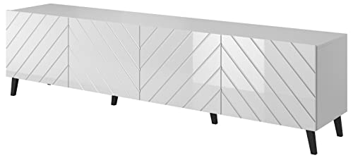 Fernsehschrank Abeto Lowboard 200 cm Unterschrank 4 Türiger Wohnzimmerschrank Weiß mit Weiß Hochglanz von Furniture24