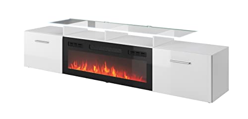 Fernsehschrank Rova mit elektrischem Kamin Lowboard Unterschrank 2 Klappen Weiß, 197x48x37 von Furniture24