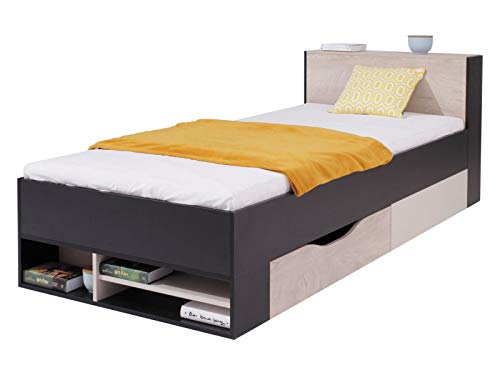 Furniture24 Bett Planet PL-14, Jugendbett mit Federkernmatratze 90x200 cm, Bettschublade und Ausziehbarer Stauraum im Kopfteil (Schwarz/Eiche/Beige) von Furniture24