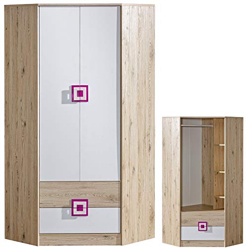 Furniture24 Eckkleiderschrank NICO 02, Eckschrank, Drehtürenschrank, Schrank mit 2 Schubfächern, 3 Einlegeboden und Kleiderstange (Hell Eiche/Weiß/Rosa) von Furniture24