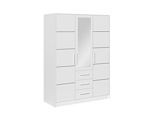 Furniture24 Kleiderschrank Bali D3 Schlafzimmer 3 Türiger Drehtürenschrank 3 Schubkästen Schrank 1 Kleiderstange 5 Einlegeboden Spiegel Weiß matt 147/200/58 von Furniture24