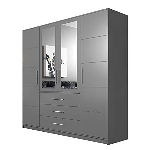 Furniture24 Kleiderschrank Bali D4 Schlafzimmer 4 Türiger Drehtürenschrank 3 Schubkästen Schrank 1 Kleiderstange 8 Einlegeboden Spiegel Graphite von Furniture24