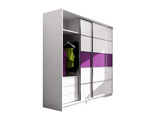 Furniture24 Kleiderschrank DUBAJ Schlafzimmer 2 Türiger Schwebetürenschrank Schrank mit Kleiderstange 6 Einlegeboden und 3 Schubkästen Weiß/Lila Glas von Furniture24