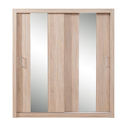 Furniture24 Kleiderschrank Duca II Schwebetürenschrank mit Spiegel, 2 Türen, 5 Einlegeboden und 1 Kleiderstange (Sonoma Eiche) von Furniture24