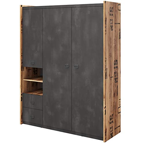 Furniture24 Kleiderschrank Fargo FG01 Schrank Drehtürenschrank 3 Türiger Jugendzimmerschrank mit Kleiderstange und Einlegeboden von Furniture24