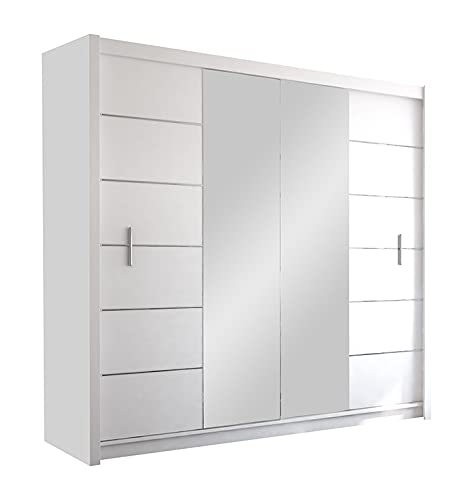 Furniture24 Kleiderschrank LIZBONA II 203 Schlafzimmer 2 Türiger Schwebetürenschrank Schrank mit Kleiderstange 8 Einlegeboden und Spiegel Weiß Schiebetür von Furniture24