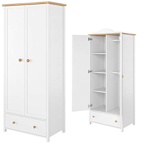 Furniture24 Kleiderschrank LSTORY SO12 Schrank Mädchenzimmer Drehtürenschrank 2 Türiger mit 2 Kleiderstangen 3 Einlegeboden und Schubkästen Weiß/Nash Eiche von Furniture24