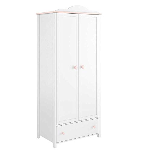 Furniture24 Kleiderschrank Luna LN12 Schrank Mädchenzimmer Drehtürenschrank 2 Türiger mit 2 Kleiderstangen 3 Einlegeboden und Schubkästen Alpinweiß/Rosa von Furniture24