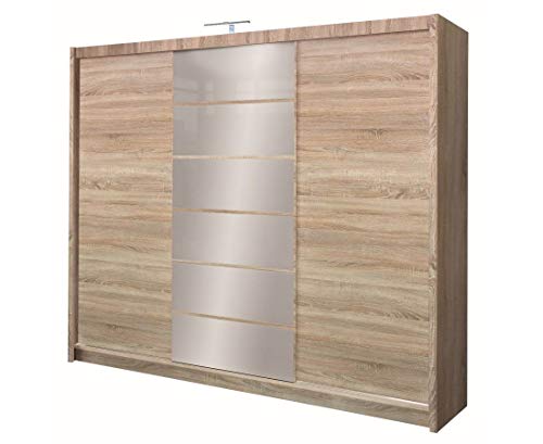 Furniture24 Kleiderschrank Malibu Schlafzimmer 3 Türiger Schwebetürenschrank Schrank mit Kleiderstange 8 Einlegeboden Spiegel und 2 Schubladen Schiebetür Sonoma Eiche von Furniture24
