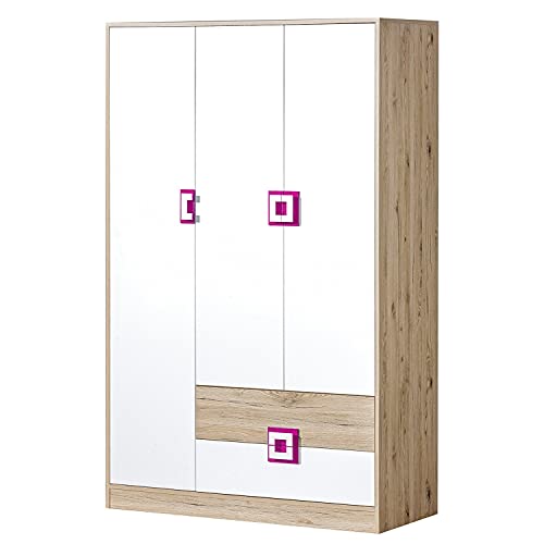 Furniture24 Kleiderschrank NICO 01, 3 Türiger Drehtürenschrank, Schrank mit 2 Schubfächern, 4 Einlegeboden und Kleiderstange (Hell Eiche/Weiß/Rosa) von Furniture24