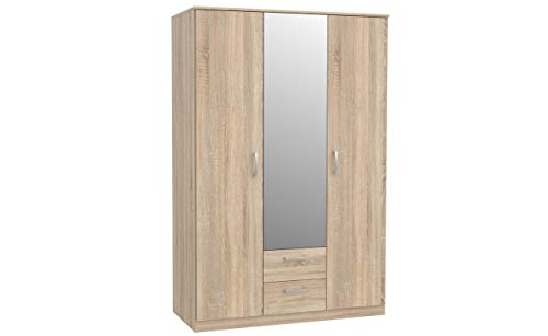 Kleiderschrank NIKO NIKS82, Schrank, 3 Türiger Drehtürenschrak, Universalschrank mit Kleiderstange, 1 Einlegeboden, Spiegel und 2 Schubkasten (Sonoma Eiche) von Furniture24
