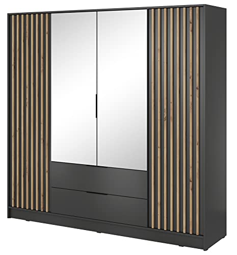 Furniture24 Kleiderschrank Nelly 4D Schrank mit Spiegel 2 Türiger 2 Schubladen Graphite Drehtürenschrank von Furniture24