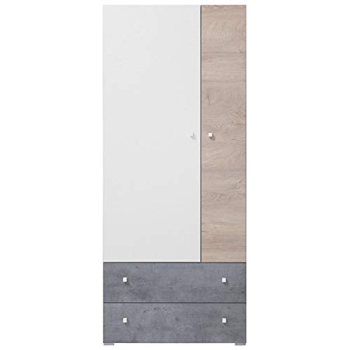 Furniture24 Kleiderschrank Sigma SI - 3 Schrank, Drehtürenschrank mit 2 Schubladen und Kleiderstange (Beton/Weiß Lux/Eiche) von Furniture24