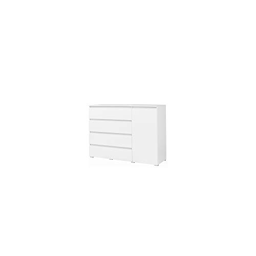 Furniture24 Kommode Cosmo Co5 Schubladenschrank Schubladenkommode Sideboard mit 4 Schubkästen und 1 Tür (Weiß matt) von Furniture24