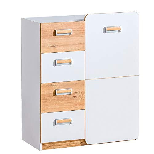 Furniture24 Kommode LORENTO L6 Schubladenkommode mit Tür und 4 Schubladen Kinder Schrank (Briliant Weiß/Nash Eiche) von Furniture24