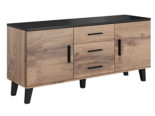 Furniture24 Kommode Lotta Sideboard 2 Türiger 3 Schubladen 150 cm breit Wotan Eiche Schwarz von Furniture24