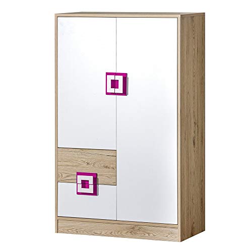 Furniture24 Kommode NICO 07, Schrank, Hochschrank, Mehrzweckschrank, Highboard mit 2 Türen und 2 Schubkasten (Hell Eiche/Weiß/Rosa) von Furniture24