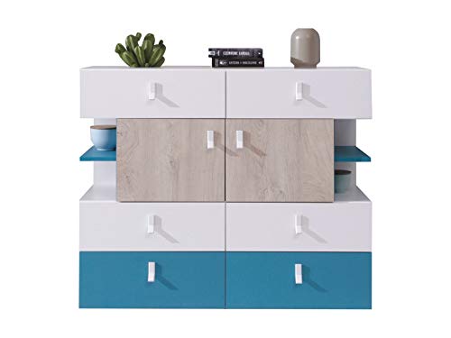 Furniture24 Kommode Planet PL-8, Mehrzweckschrank, Sideboard, Schrank, Highboard, Jugendzimmerschrank mit 6 Schubladen und 2 Türen (Weiß/Eiche/Marine) von Furniture24