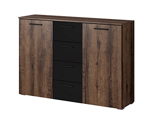 Furniture24 Kommode Sideboard Berta 4 Schubladen 2 Türen (Monastery Eiche/schwarz) von dutis