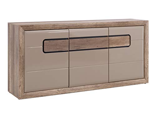 Furniture24 Kommode Tiziano, Schrank, Wohnzimmerschrank, Sideboard mit 3 Türen und LED Beleuchtung (Antik Eiche/Beige Hochglanz) von Furniture24