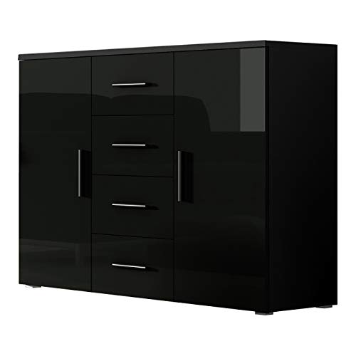 Furniture24 Kommode Uni - SOHO Sideboard mit 4 Schubladen, 2 Türen (Schwarz/Schwarz Hochglanz) von Furniture24