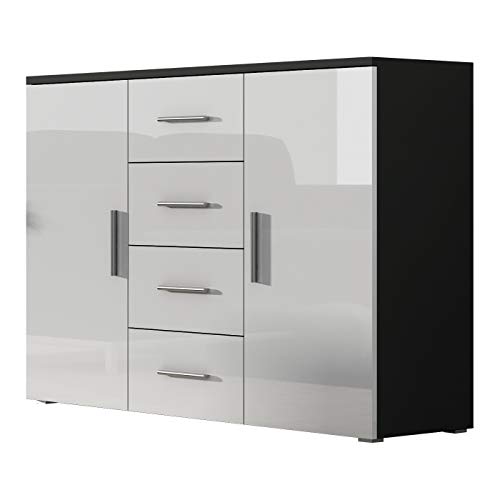 Furniture24 Kommode Uni - SOHO Sideboard mit 4 Schubladen, 2 Türen (Schwarz/Weiß Hochglanz) von Furniture24