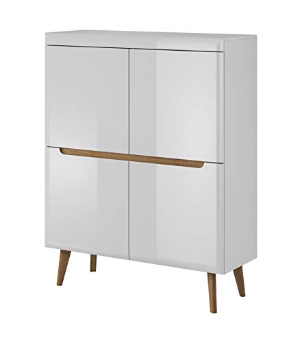 Furniture24 Kommode mit türen NORDI Schrank Hochschrank Skandinavische Stil (Weiß/Weiß Hochglanz) von Furniture24