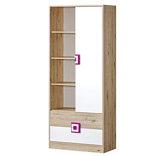 Furniture24 Regal - Schrank NICO 04, Standregal, Bücheregal mit 2 Schubkasten und 1 Tür (Hell Eiche/Weiß/Rosa) von Furniture24