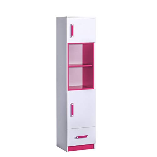 Furniture24 Regal TRAFIKO 04 mit 2 Türen und Schublade, Schrank, Hochschrank für Jugend und Kinderzimmer (Weiß/Rosa) von Furniture24