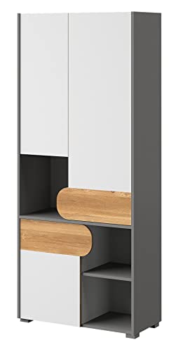 Furniture24 Regalschrank Carini CA2 Schrank 2 Türiger Hochschrank 2 Schubladen, Graphite/Nash Eiche/Briliant Weiß, 80x190x38 von Furniture24