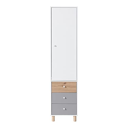 Furniture24 Regalschrank Faro FR4: 45/190/37 Schrank 1 Türiger mit 3 Schubladen Halbschrank, Weiß/Artisan Eiche/Grau von Furniture24