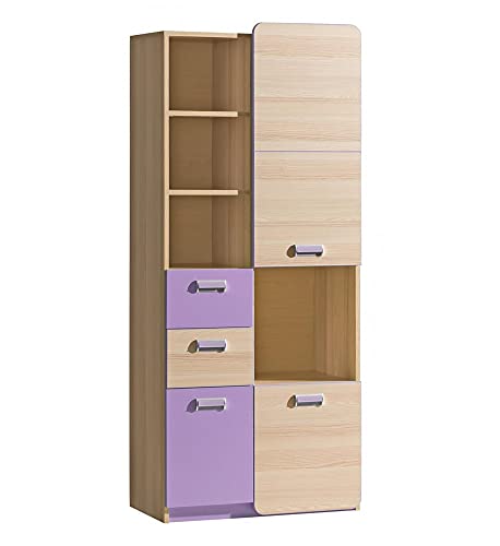 Furniture24 Schrank LORENTO L7 Hochschrank mit 3 Türen und 2 Schubladen (Esche Coimbra/Lila) von Furniture24