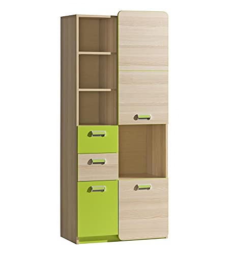 Furniture24 Schrank LORENTO L7 Hochschrank mit 3 Türen und 2 Schubladen (Esche Coimbra/Lime Grün) von Furniture24