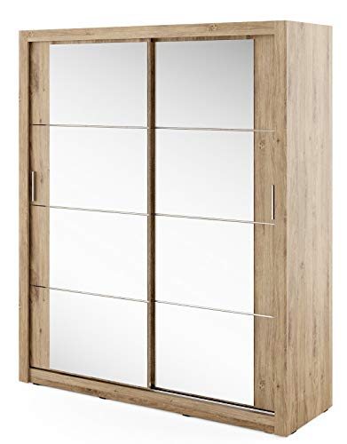 Furniture24 Schwebetürenschrank Kleiderschrank AR-03 ARTI Garderobenschrank Schrank Schiebetür Schiebeschrank mit Spiegel, 2 Kleiderstangen, 5 Einlegeboden (Shetland Eiche) von Furniture24