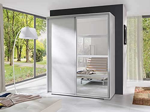 Furniture24 Schwebetürenschrank Leo Kleiderschrank Schiebtür 2 Türen 2 Kleiderstange Innerekommode mit 3 Schubkästen Schrank Weiß matt mit Spiegel von Furniture24