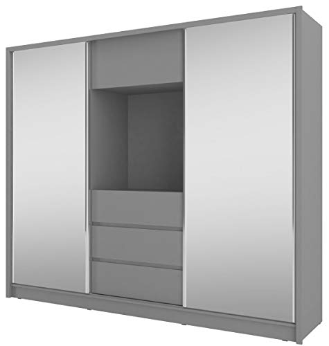 Furniture24 Schwebetürenschrank Tv 250, Kleiderschrank, Media Schrank, Schlafzimmerschrank mit Spiegel, Kleiderstange, 3 Schubladen und Tv Fach (Graphite) von Furniture24