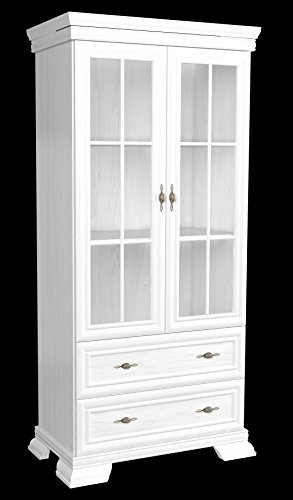 Furniture24 Vitrine Kora KRW2 Standvitrine Wohnzimmerschrank Vitrinenschrank mit 2 Türen und 2 Schubkasten (Andersen Kiefer) von Furniture24
