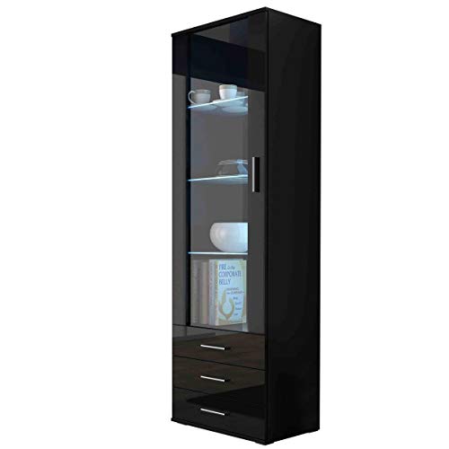 Vitrine mit Blauer LED Beleuchtung SOHO S1 Vitrinenschrank Standvitrine Stauraumvitrine Glasvitrine Schrank Wohnzimmerschran (Schwarz/Schwarz Hochglanz) von Furniture24