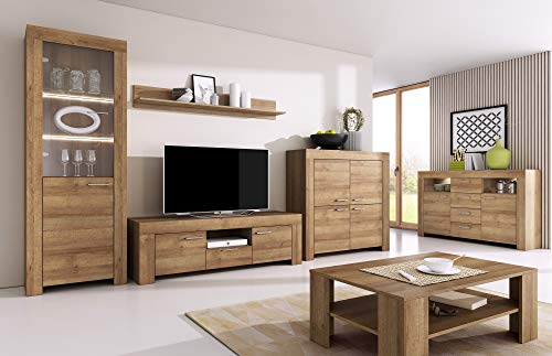 Furniture24 Wohnzimmer Set Wohnwand Sky Tv Schrank Vitrine Hängeregal Kommode Sideboard Couchtisch (Riviera Eiche) von Furniture24