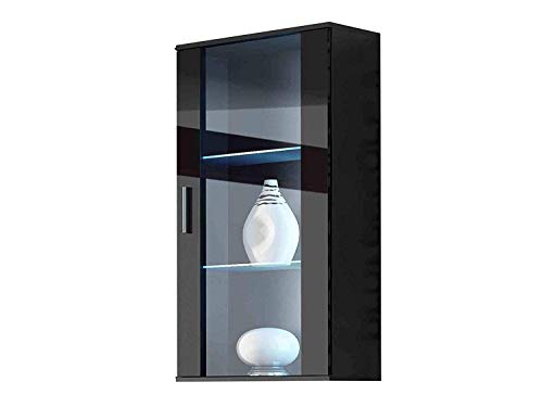 Hängevitrine SOHO Hängeschrank Wandvitrine mit Blauer LED Beleuchtung (Schwarz/Schwarz Hochglanz) von Furniture24