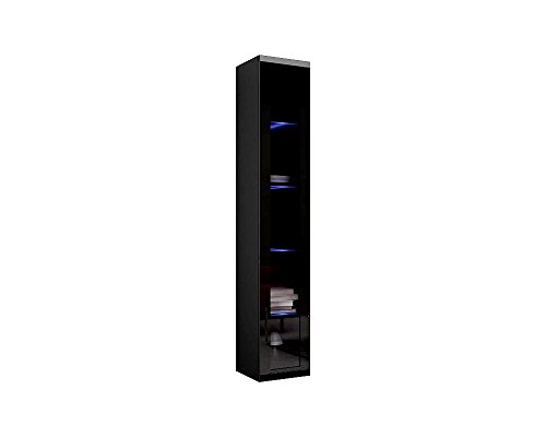 Hängevitrine Vigo Vitrine Vitrinenschrank Hängeschrank Wandvitrine Wandschrank mit 1 Tür Schrank Wohnzimmerschrank Grifflose, "Push to open" (Schwarz/Schwarz Hochglanz, Mit Blauer LED Beleuchtung) von Furniture24