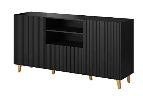 Furniture24 Kommode Pafos 150 cm Sideboard Schrank 3 türiger Wohnzimmerschrank mit Schublade (Schwarz), 150x82x40 von Furniture24