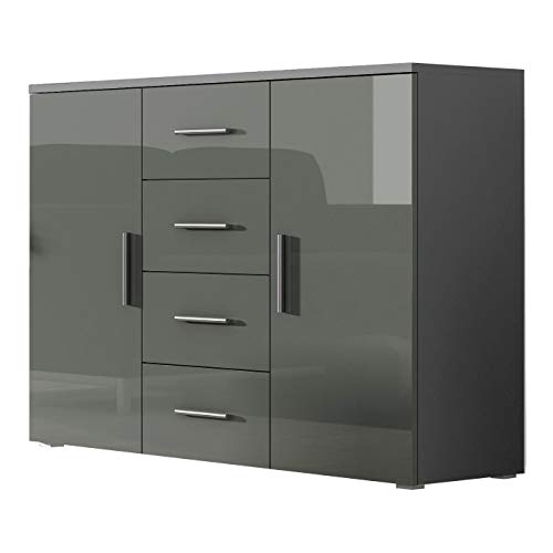 Furniture24 Kommode Uni - SOHO Sideboard mit 4 Schubladen, 2 Türen (Grau/Grau Hochglanz) von Furniture24