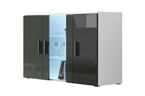 Kommode mit Blauer LED Beleuchtung SOHO S7 Sideboard Schrank Wohnzimmerschrank mit 3 Türen (Weiß/Grau Hochglanz) von Furniture24