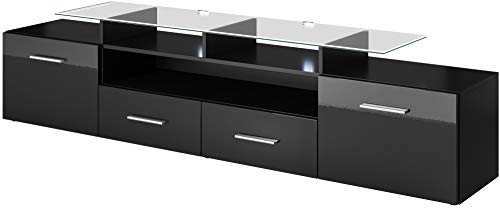 Tv Schrank Evora Mini, Lowboard, Unterschrank, Fernsehentisch, Fernsehenschrank mit 2 Klappen, 2 Schubladen und LED Beluchtung (Schwarz/Schwarz Hochglanz) von Furniture24